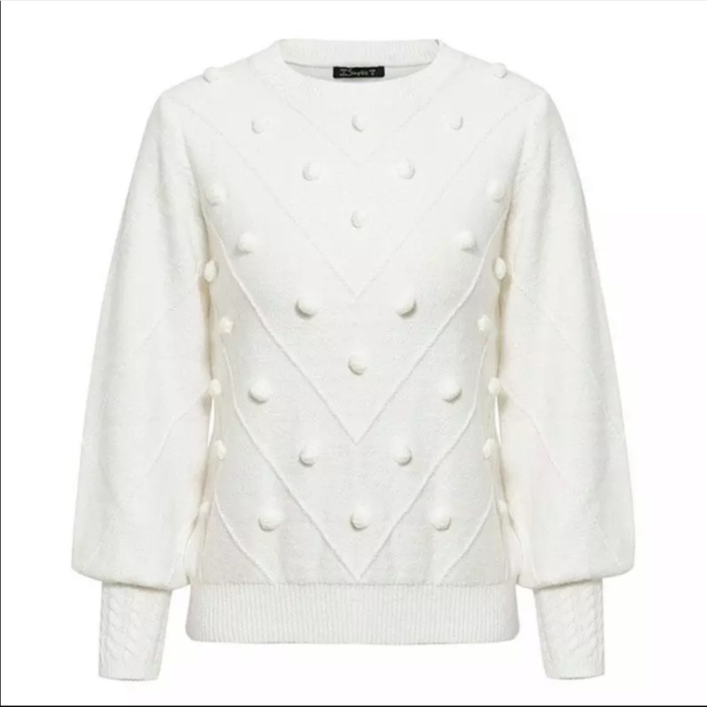 New! Off White Pompom Lantern Sleeve Knit Sweater - Picture 5 of 8